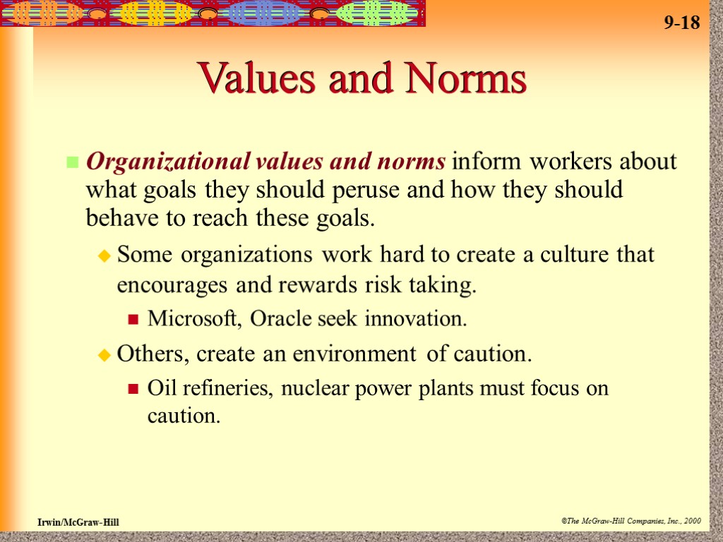 Values and Norms Organizational values and norms inform workers about what goals they should